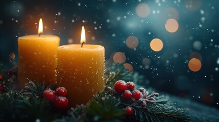 Snowy Night Candles, Wreath, Winter Holiday Card