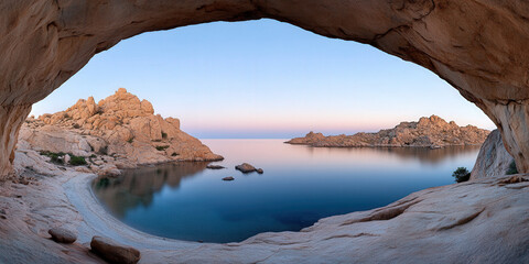 Vibrant colors blend as the sun sets over the ocean, casting a warm glow on towering cliffs while stars begin to appear in the clear night sky, illuminating the peaceful landscape