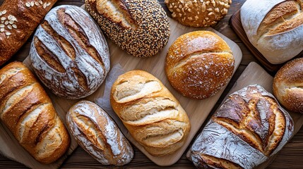 Top-down view of an assortment of freshly baked artisan breads with different textures and toppings, on wooden boards.