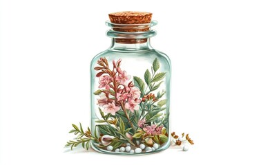 Flowers and Herbs Captured Inside Glass Bottle with Cork Stopper