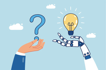 Artificial intelligence AI to help solve problem, chatbot or machine learning to answer hard question, assistance service, technology to help concept, human hand with question mark and AI answer.