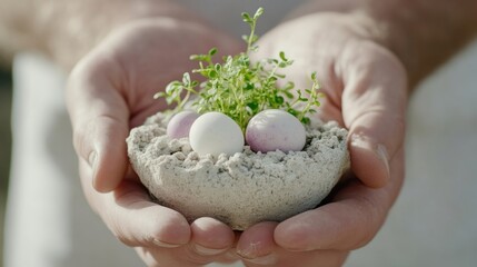 Hands holding a small, sculpted nest-shaped bowl filled with small plants and pastel-colored eggs