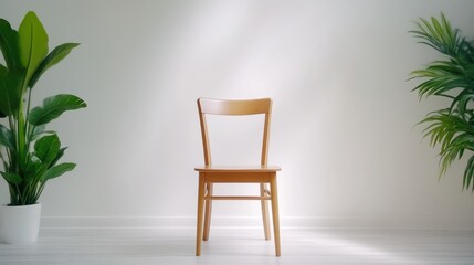 Empty light-wood chair in a bright room with plants