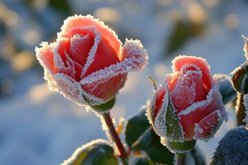 Obraz premium Frost-covered rosebuds bathed in sunlight