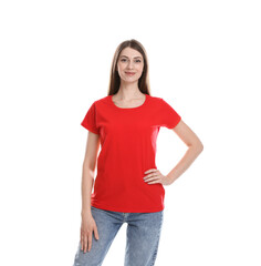 Obraz premium Woman wearing blank red t-shirt on white background. Mockup for design