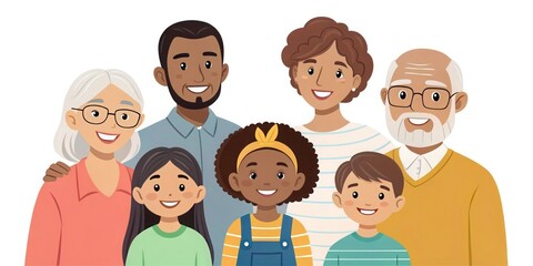 A multicultural family posing for a group photo, three generations together, white background, high-resolution vector art.
