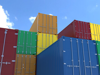 Fototapeta premium Stack of Colorful cargo containers stacked high under blue sky. import and export concept. 3d rendering illustration