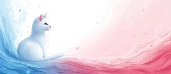 Obraz premium White cat on pink blue waves, serene background, digital art