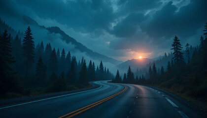 Naklejka premium A dramatic mountain road curving through a misty forest