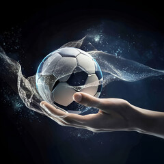 Hand holding a soccer ball with dynamic motion effects, dark background, energetic atmosphere, artistic representation
