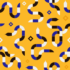 Seamless geometric snake pattern in bold blue, black, and white on vibrant yellow background. Endless vector illustration with serpent for textile design, wallpaper, branding material, wrapping paper