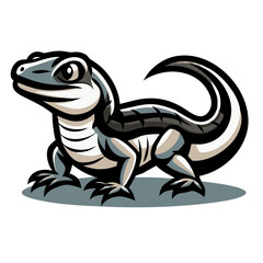 a stylized illustration of a lizard, featuring a grey and black body, friendly eyes and a curved tail