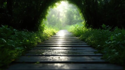Obraz premium Sunlight filters through a forest path. A wooden walkway leads into a bright, verdant tunnel of trees