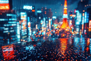 Vibrant city lights reflect on wet surfaces during nighttime rain in urban landscape