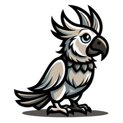 a charming cartoon illustration of a white parrot, standing with a slightly tilted head and looking inquisitive. Its feathers are beautifully detailed