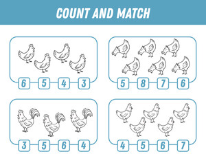 Fototapeta premium Education game for children count and match of cute cartoon animals, printable worksheet. Cute rrooster and hens. Vector illustration 