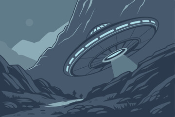 26 Alien spacecraft, crashed UFO, rocky mountainous terrain, glowing lights, fog, mist, dark atmosphere, mysterious, sci-fi scene, detailed textures, cinematic lighting, blue tones, cold environment,  © Manik Mia