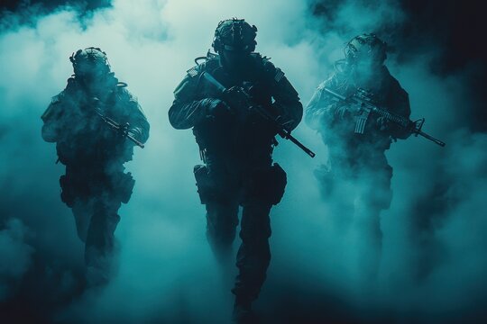 Special forces operatives move stealthily through smoke-filled environment during tactical training exercise