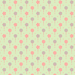 Colorful candy lollipop pattern on soft green background, playful sweet treat design for greeting cards, posters, packaging, and children's decor.
