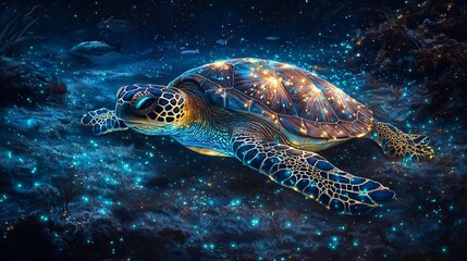 Obraz premium Celestial Sea Turtle Glows in Ocean Depths