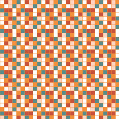 Colorful geometric tile pattern with orange, teal, and white squares. Seamless mosaic design for backgrounds, textiles, wallpapers, and decorative purposes.