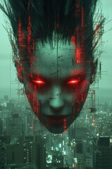 Digital entity with glowing red eyes hovering over a futuristic cityscape at twilight, showcasing advanced technology and eerie atmosphere