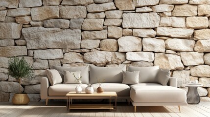 Modern sectional sofa in sunlit room, stone wall backdrop, interior design mockup