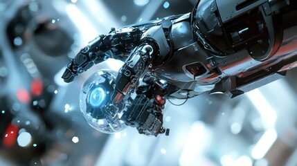Fototapeta premium Robotic Hand Holding a Sphere: Futuristic Technology and Artificial Intelligence