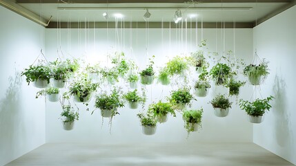 Hanging plants adorn a white wall