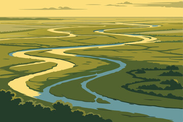 27 Aerial view, meandering river, lush green landscape, winding waterways, vast wilderness, bird's eye perspective, golden sunlight, intricate river patterns, blue water channels, untouched nature, ex