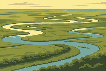 27 Aerial view, meandering river, lush green landscape, winding waterways, vast wilderness, bird's eye perspective, golden sunlight, intricate river patterns, blue water channels, untouched nature, ex