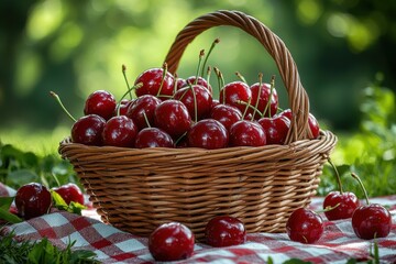 Freshly picked cherries in a wicker basket on a picnic blanket surrounded by green foliage in summer