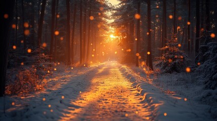 Sunlit snowy path through a winter forest