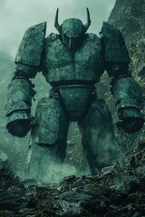Large metal robot stands in a rocky landscape, surrounded by misty mountains on a cloudy day