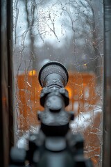 View through a foggy rifle scope focusing on a distant pine forest in winter