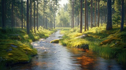 Obraz premium Sunlit stream flows through mossy forest
