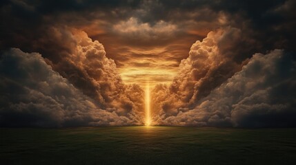Fototapeta premium Dramatic sky, golden light piercing through ominous clouds