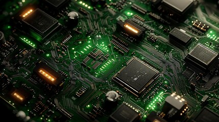 Obraz premium HighTech Circuit Board Closeup Green Orange Glowing