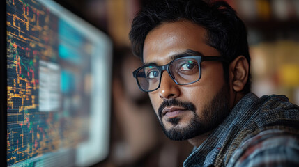Young man focused on coding at a computer desk