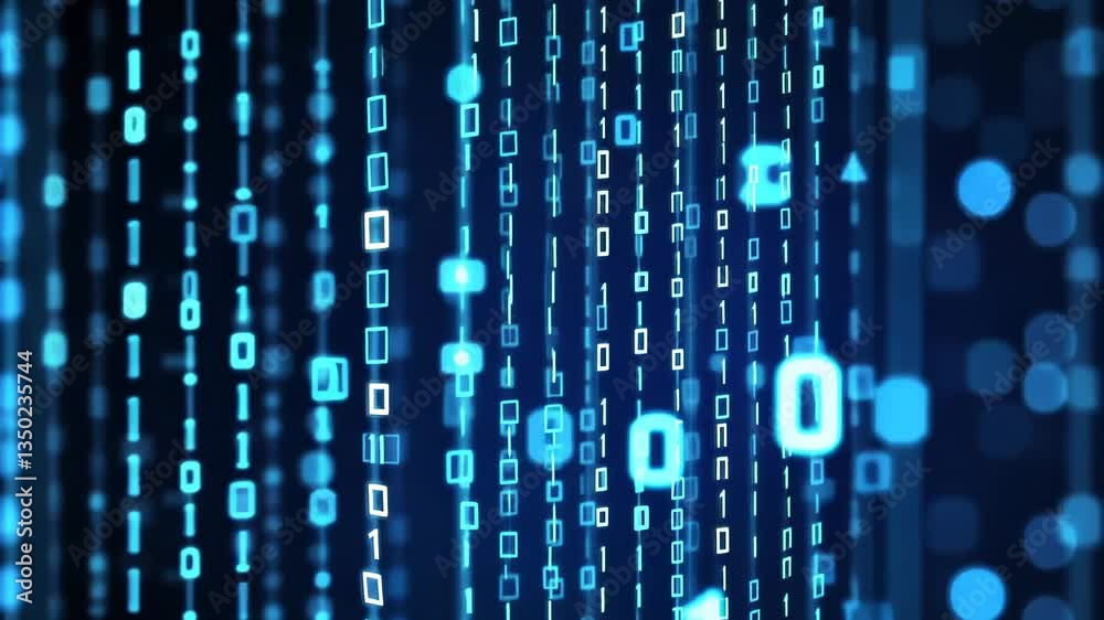 Poster Digital binary code flows in bright blue background during nighttime display showcasing technology and data