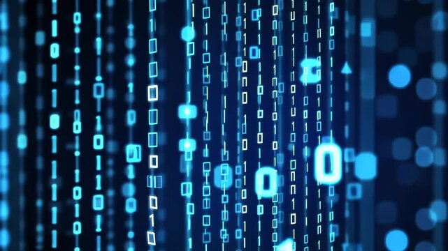 Digital binary code flows in bright blue background during nighttime display showcasing technology and data