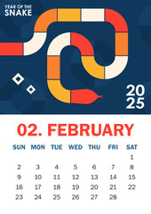 Trendy 2025 calendar page in Bauhaus style for February with colorful geometric serpent and bold text. Perfect for desk or wall calendars, planners, or promotional materials for the Year of the Snake
