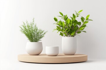 Simple plant display on wooden tray. Fresh greenery in white pots. Minimalist aesthetic