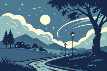 Fototapeta premium 30 Night sky, starry landscape, mountain silhouettes, rural town lights, dirt road, moonlit clouds, ethereal atmosphere, blue hues, scattered trees, distant horizon, celestial beauty, tranquil country