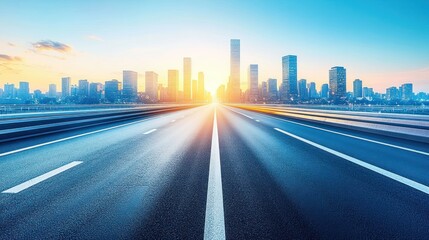 Obraz premium Sunrise cityscape viewed from a straight highway