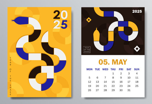 Trendy 2025 calendar page in Bauhaus style for May with a colorful geometric serpent and bold text. Perfect for desk or wall calendars, planners, or promotional materials for the Year of the Snake