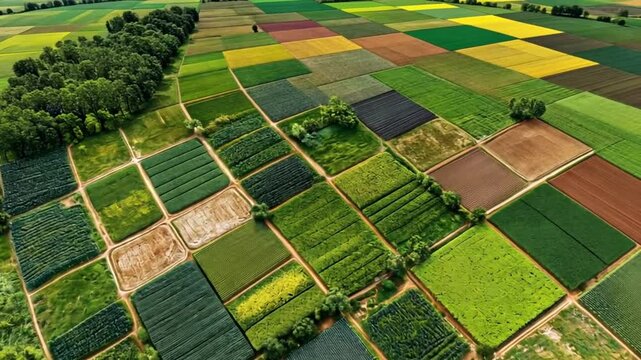 Aerial view of vibrant farmland patchwork with diverse crops