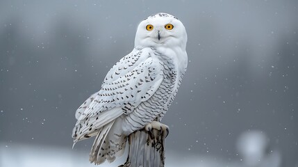 Snowy owl perched on a post amidst falling snow in a serene winter landscape, showcasing nature's beauty