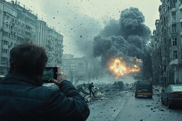 Explosion rocks city street as onlookers capture the moment during chaotic urban conflict