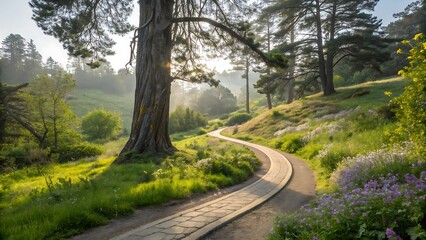 A Sun-drenched Path Winding Through A Verdant Hillside Park, Bathed In The Warm Glow Of Morning Light, Leading To Tranquil Beauty